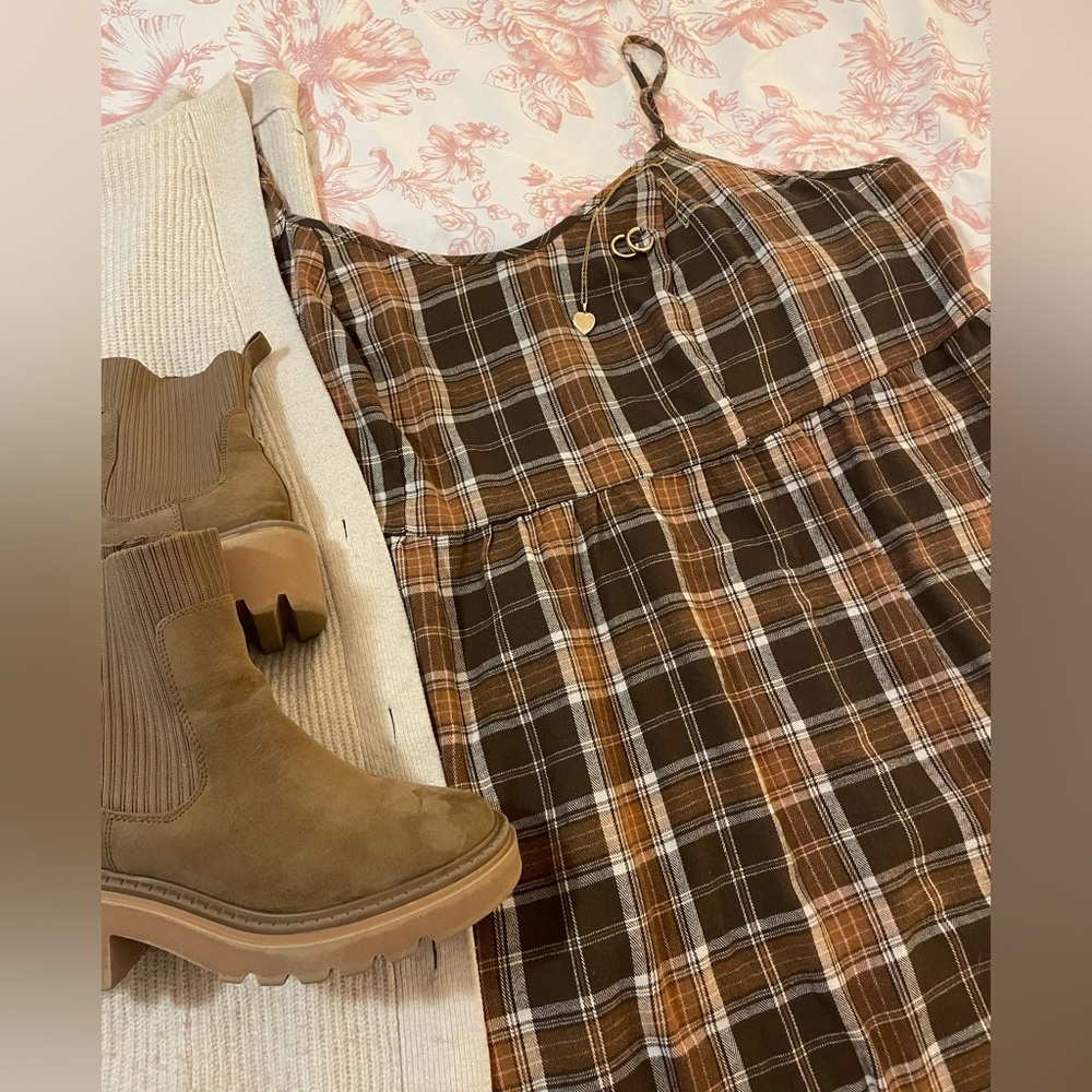 Brown Plaid Plus Size Maxi Dress